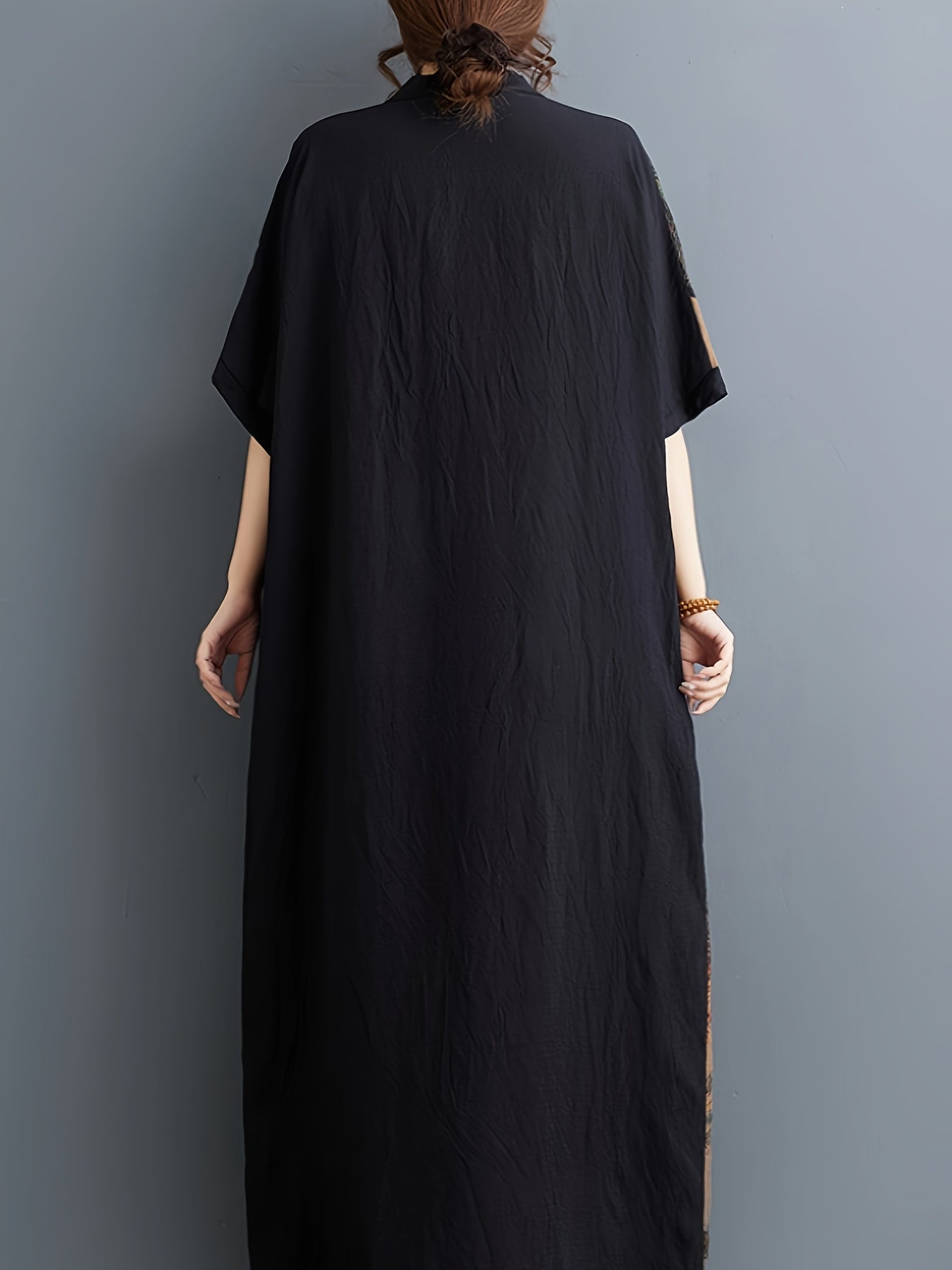 Women'S Casual Viscose Patchwork Dressing Gown, Non-Stretch Woven Fabric, Pocket Details, Spring/Summer/Fall Season, Adult Size